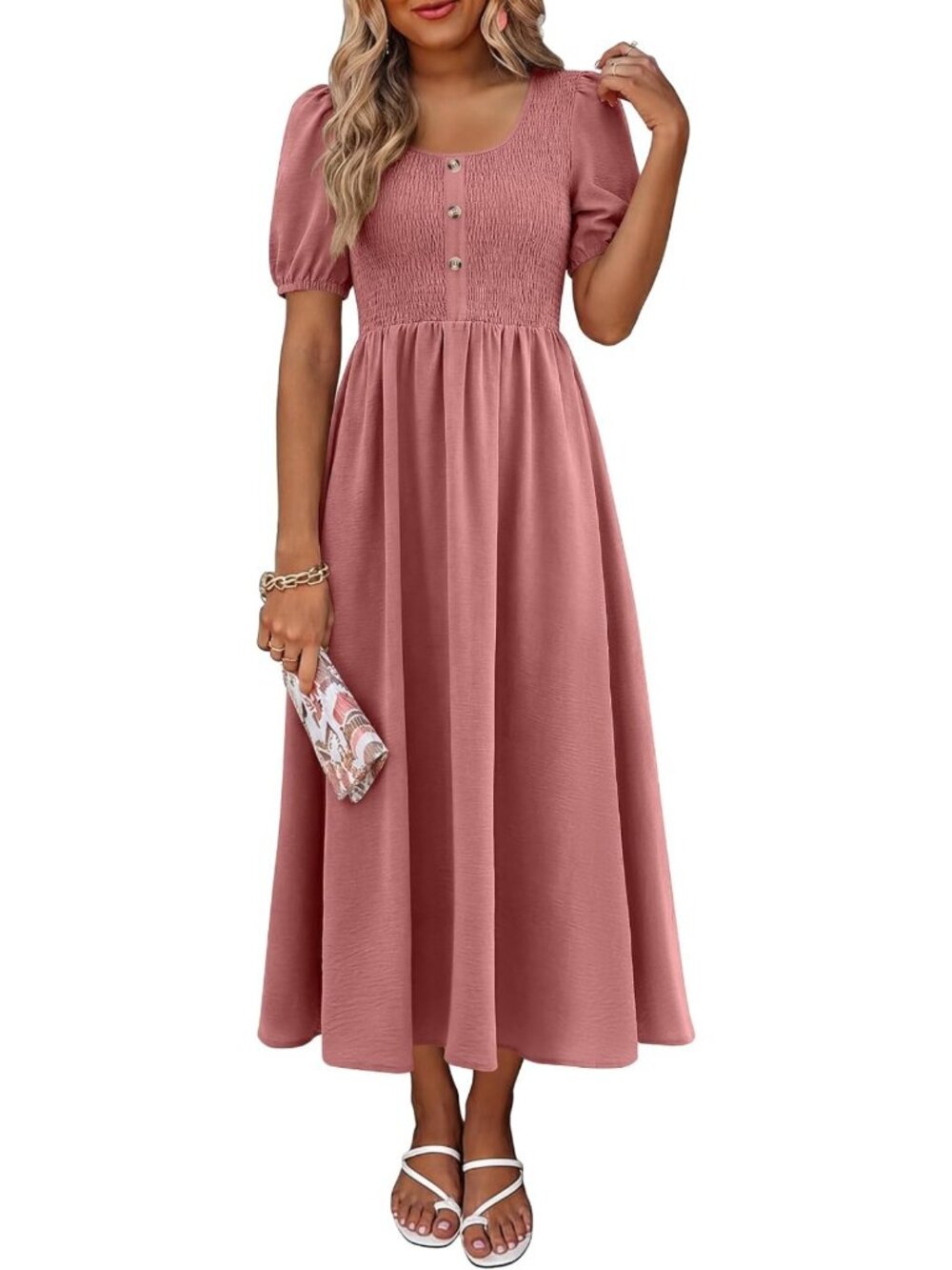 Summer Midi Dress for Women - Short Sleeve, Scoop Neck, Pockets, Casual Chic